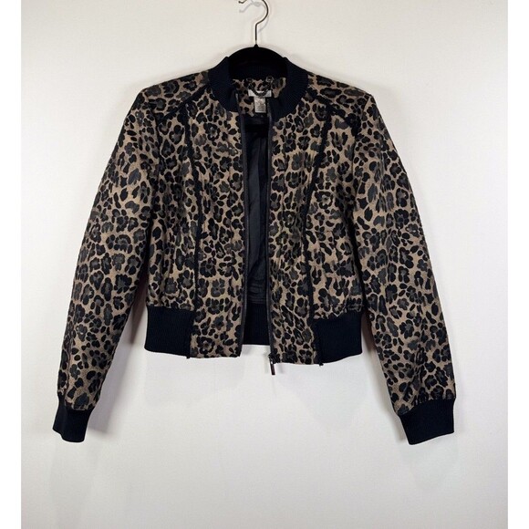 Cache Womens Jacket Brown Leopard Wool Full Zip Bomber Cropped Stretch Medium - Picture 7 of 11